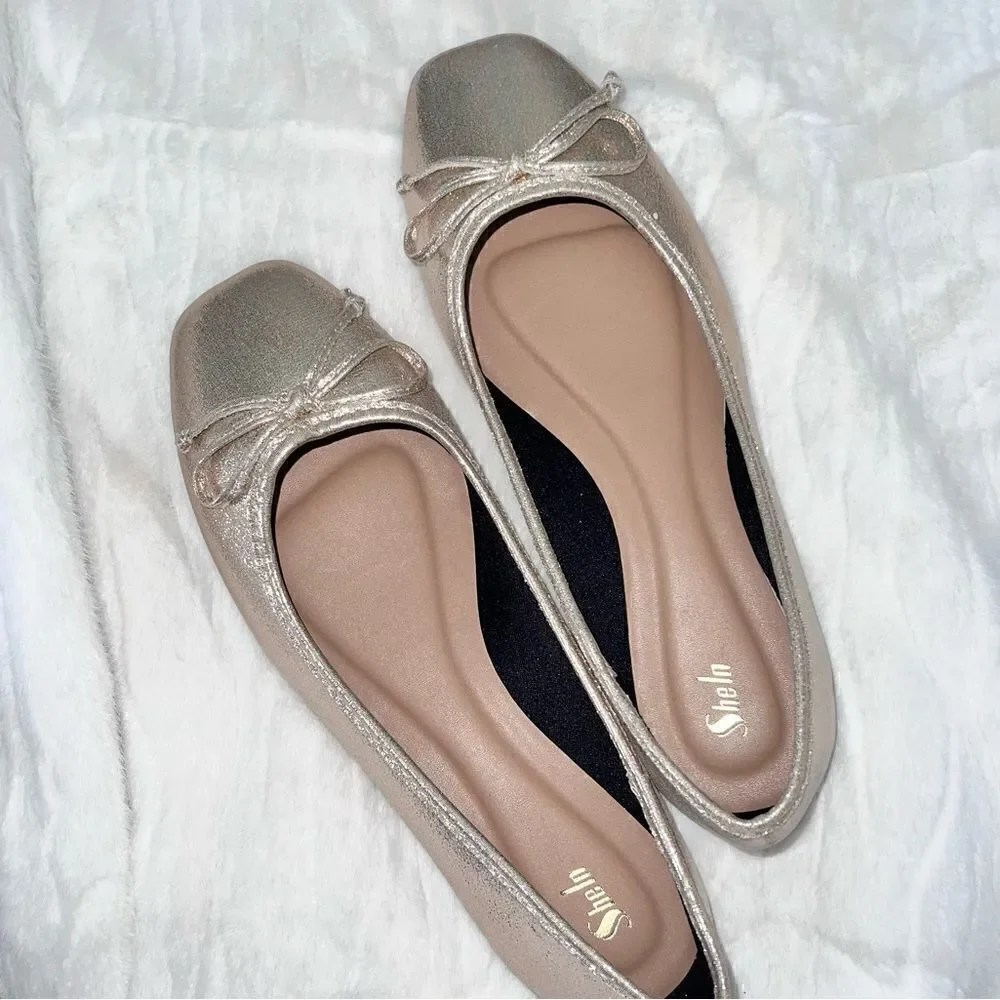Gold square toe ballet flats with bow- brand new without box size 8